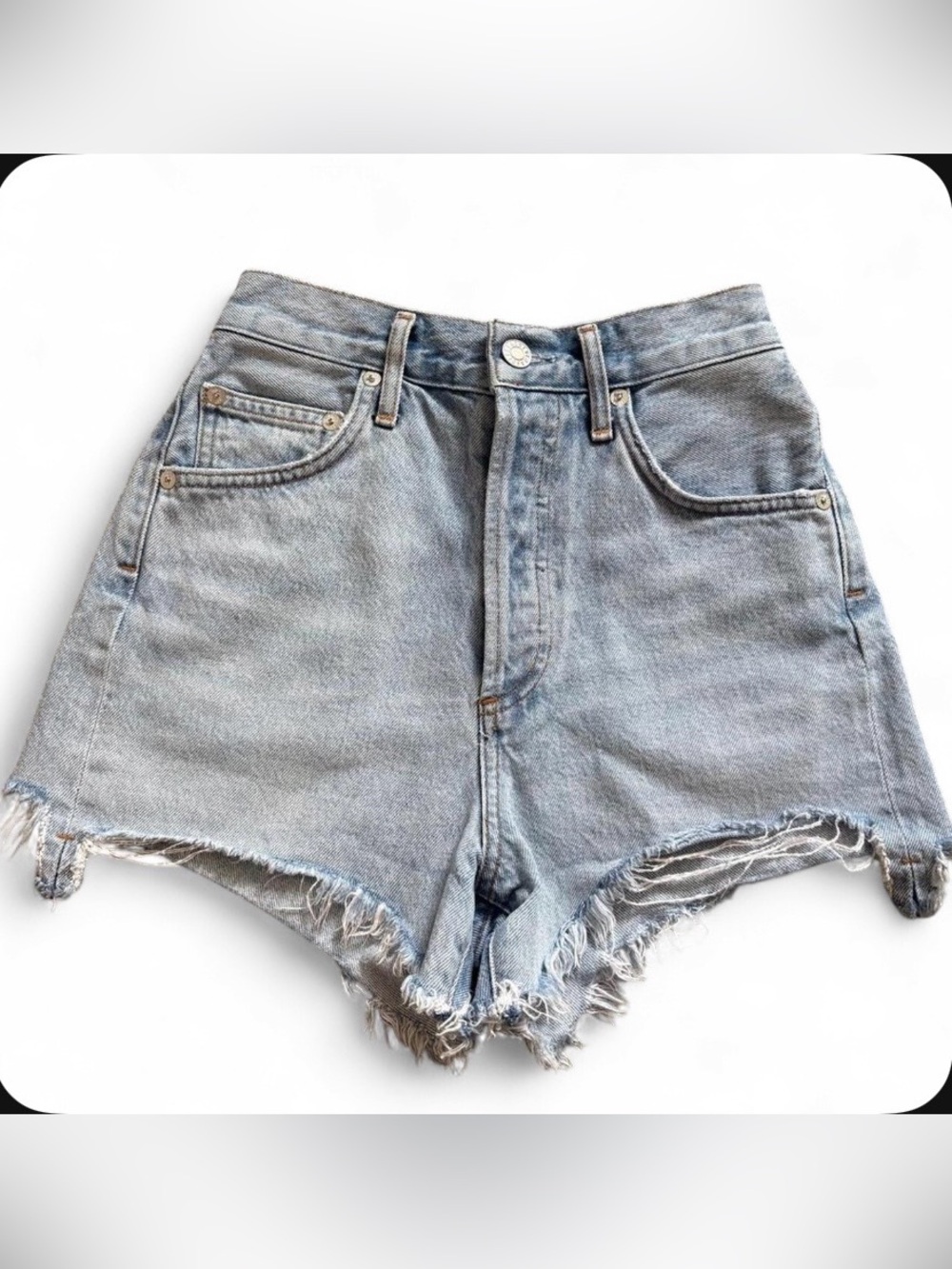 AGOLDE High Rise Distressed Denim Cutoff Shorts Size 23 Light Wash Raw Hem